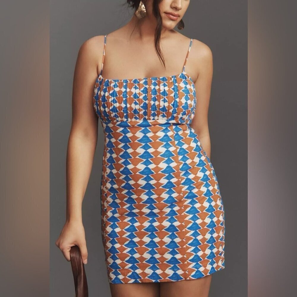 Maeve Anthropologie Geometric Print Linen Blend Summer Dress Size 12 Festival